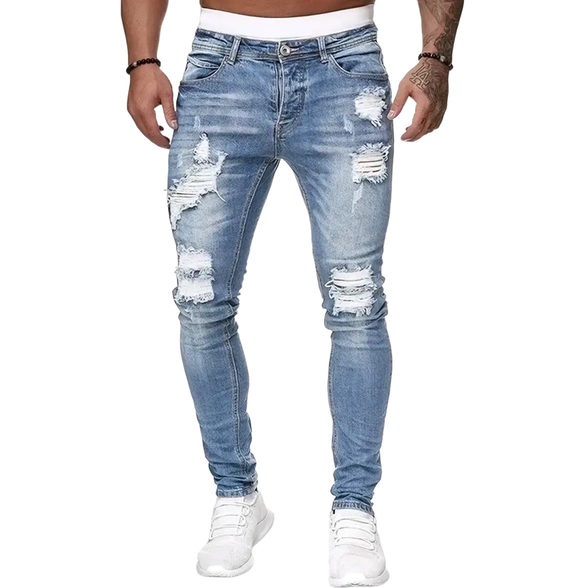 Men ripped skinny denim jeans in light-wash denim featuring distressed ripped details on the thighs and knees