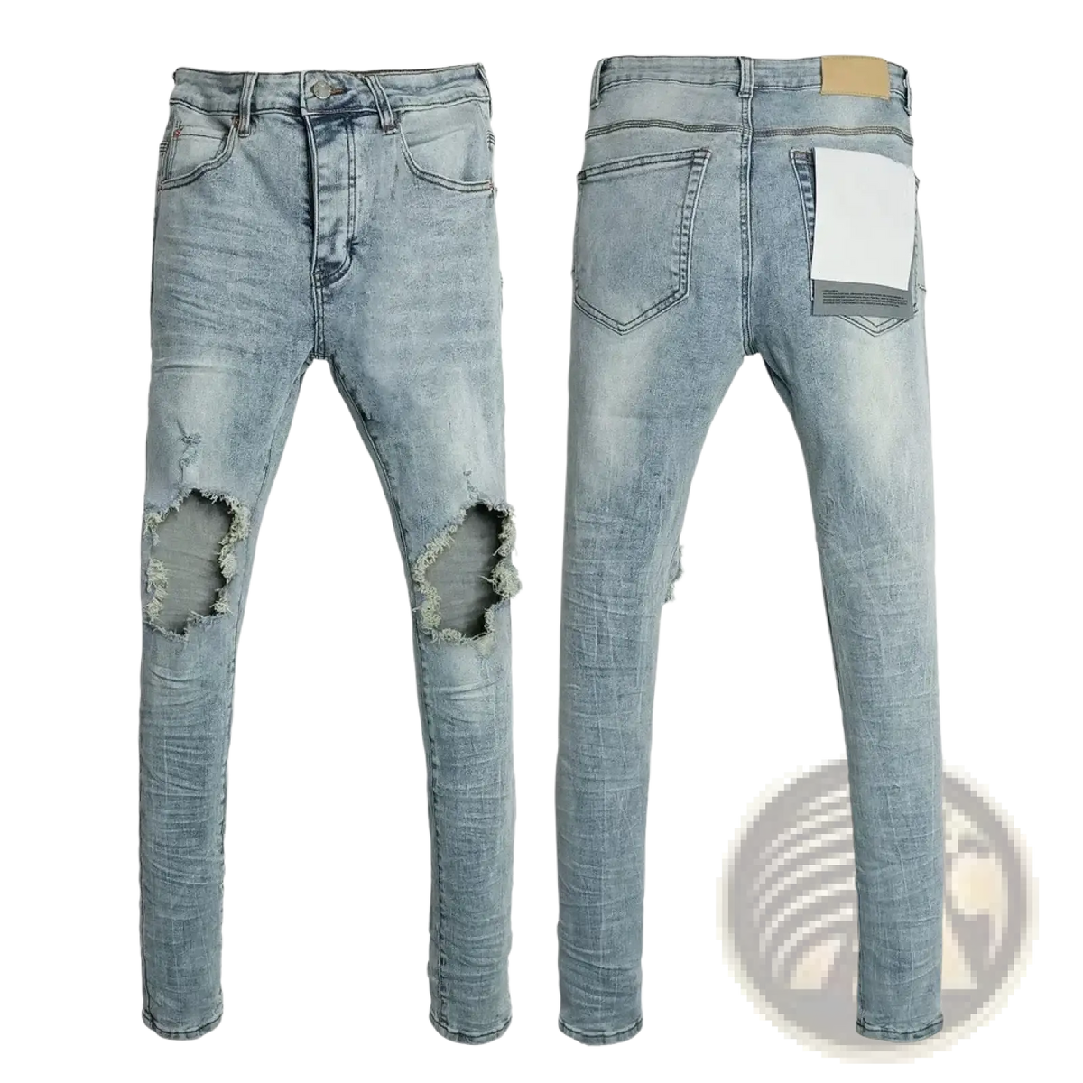 Men ripped skinny jeans in light-wash denim with distressed ripped knees and a slim-fit cut in retro blue color