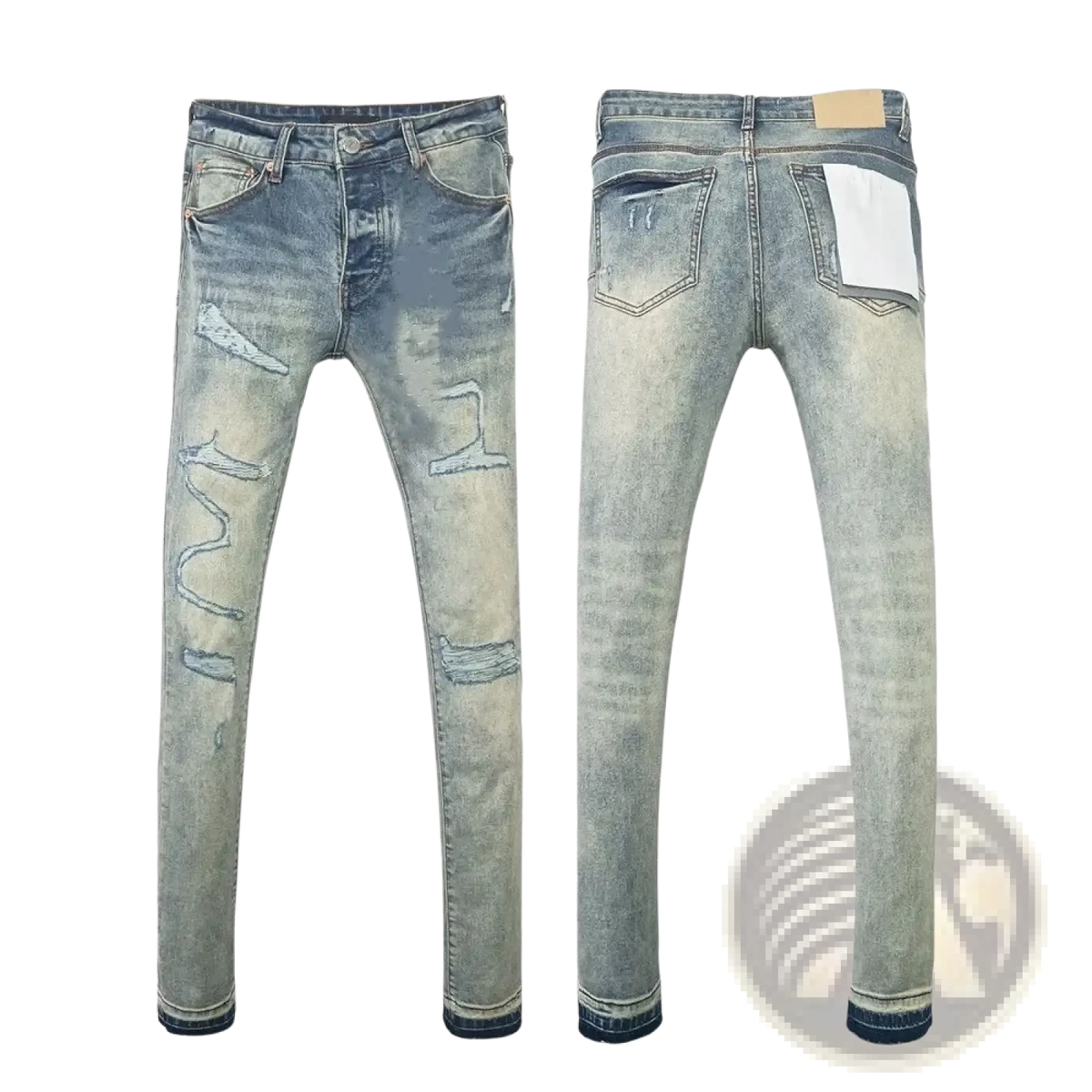 Men ripped skinny jeans in distressed retro wash blue featuring light-wash denim with ripped and faded details