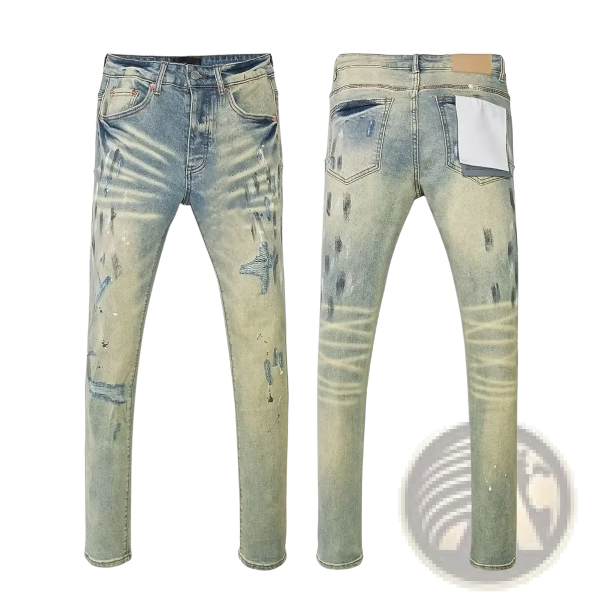Men ripped skinny jeans distressed retro wash blue featuring faded light-wash denim with rips paint splatters and white back patch