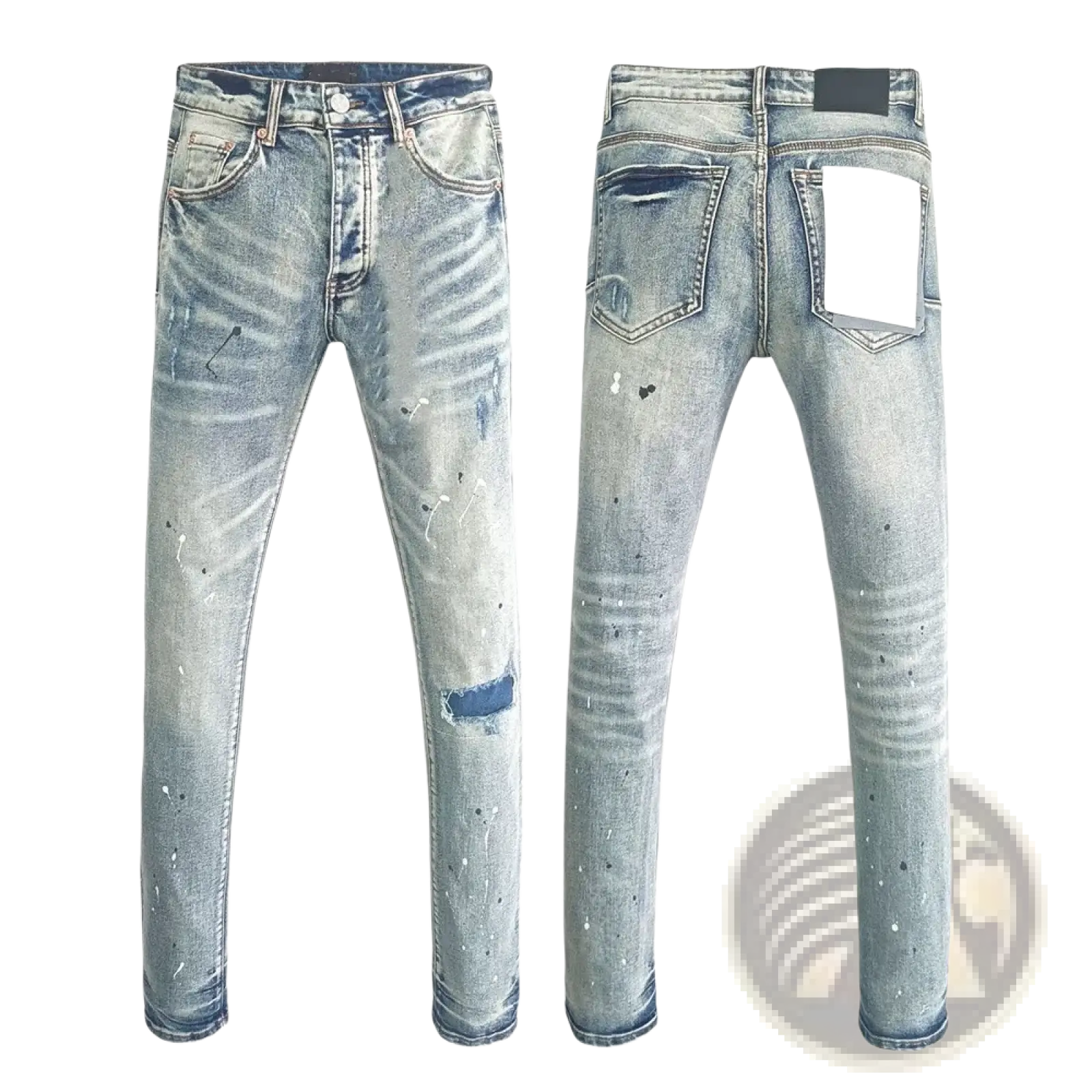 Men ripped skinny jeans in light-wash denim with distressed paint-splatter details and a ripped knee patch