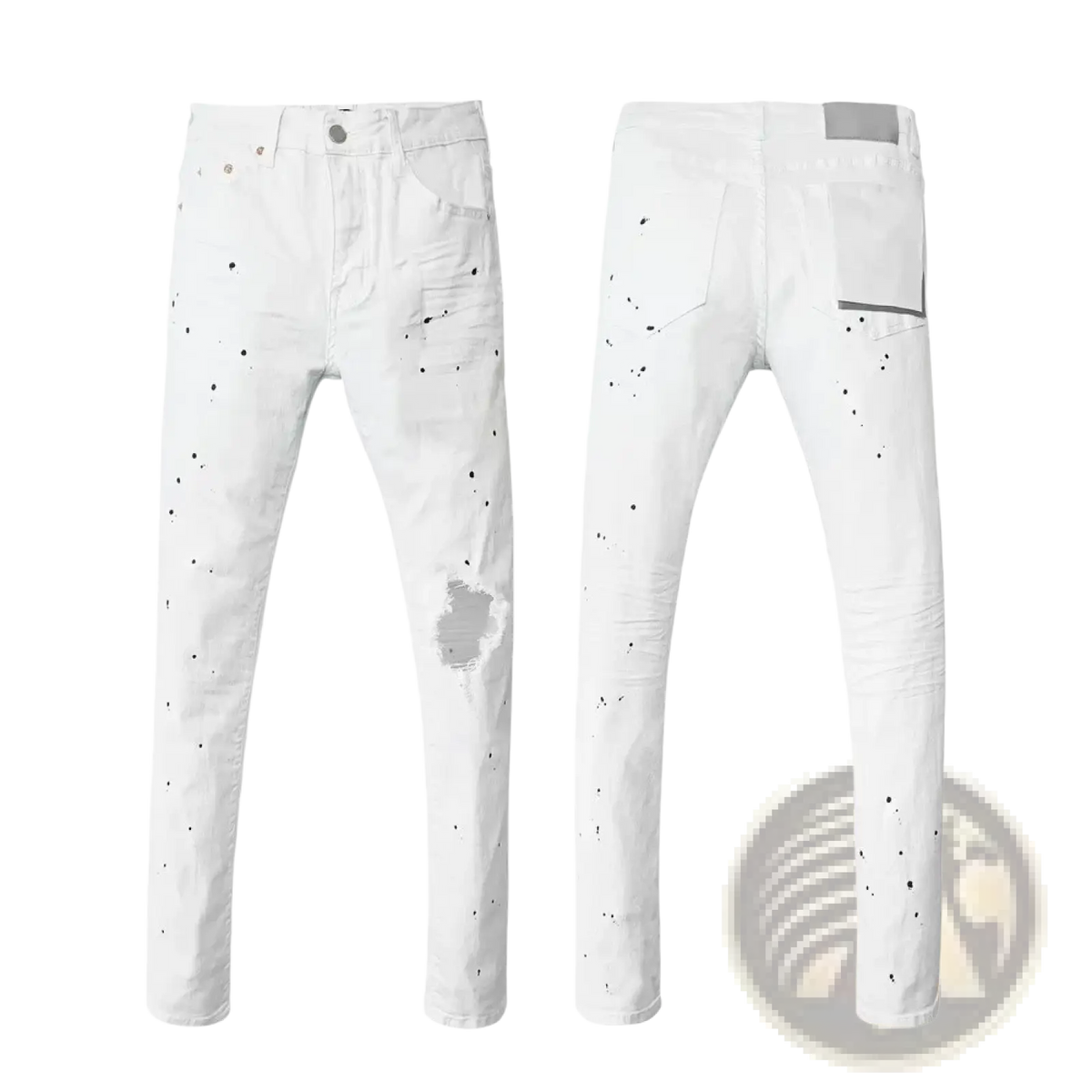 White denim men ripped skinny jeans with black paint splatter and distressed ripped knee detail in retro wash blue style