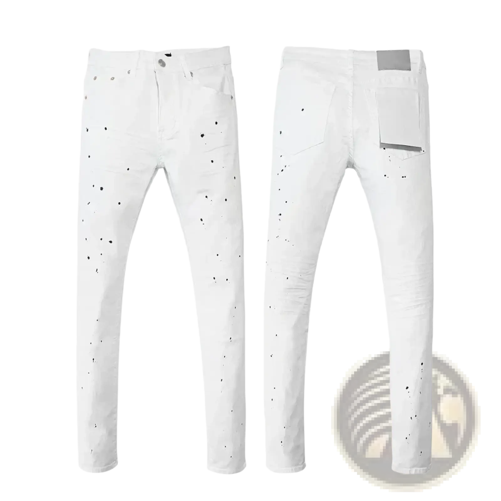 White denim jeans with black paint splatter design combining ripped skinny style and distressed retro wash features
