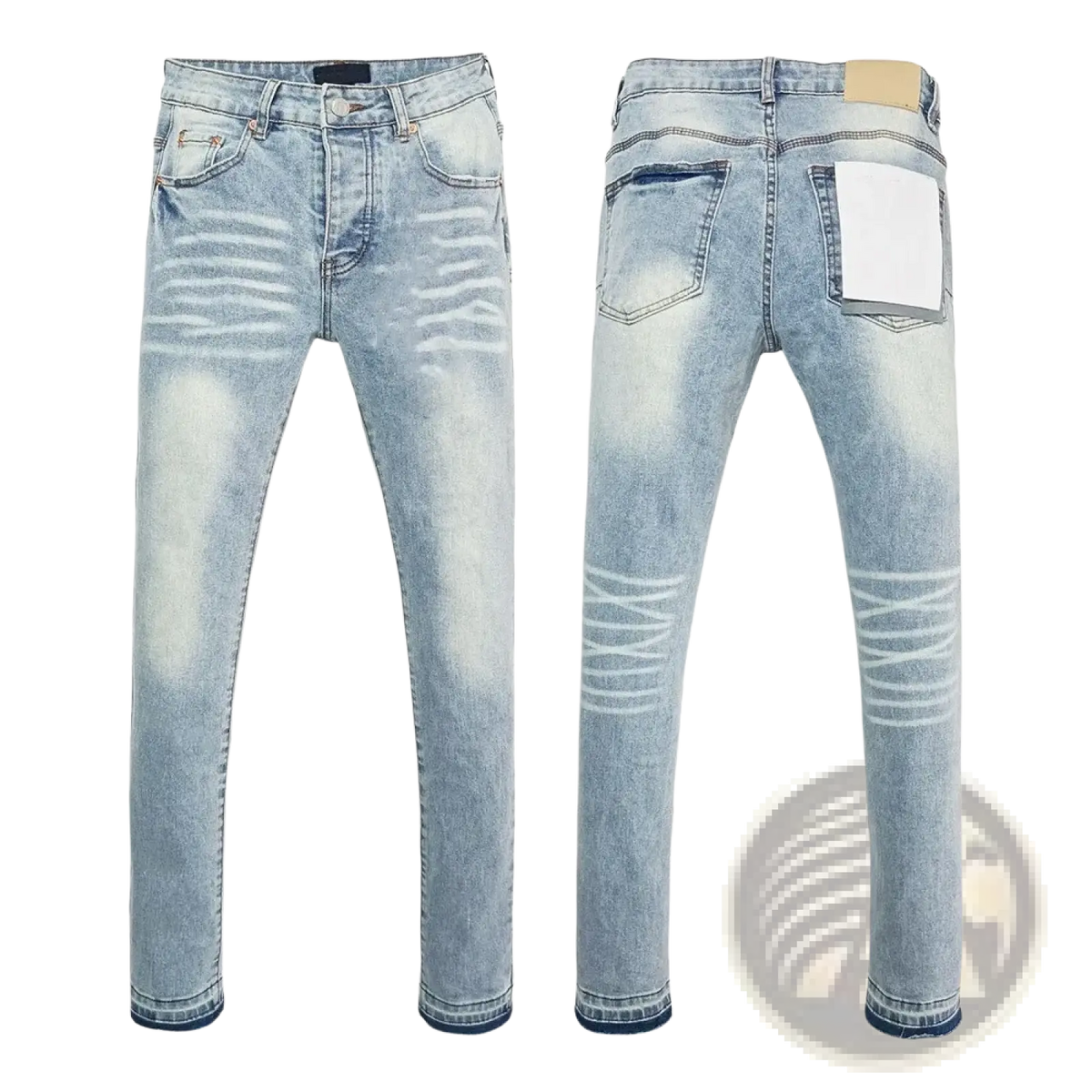 Men ripped skinny jeans in light-wash denim with distressed detailing and slim-fit cut in retro wash blue