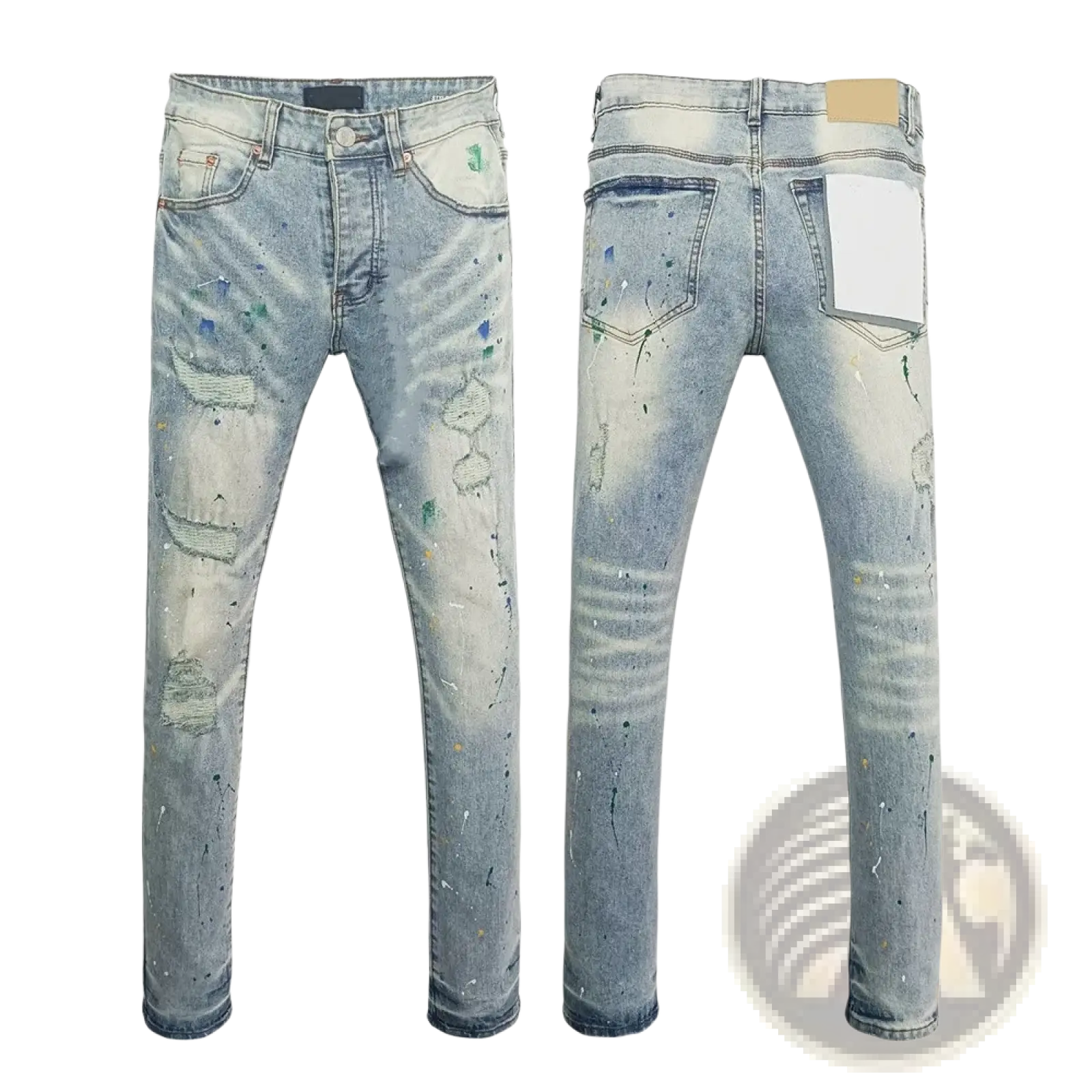 Men ripped skinny jeans in light-wash denim with distressed tears and paint splatter for a retro casual look