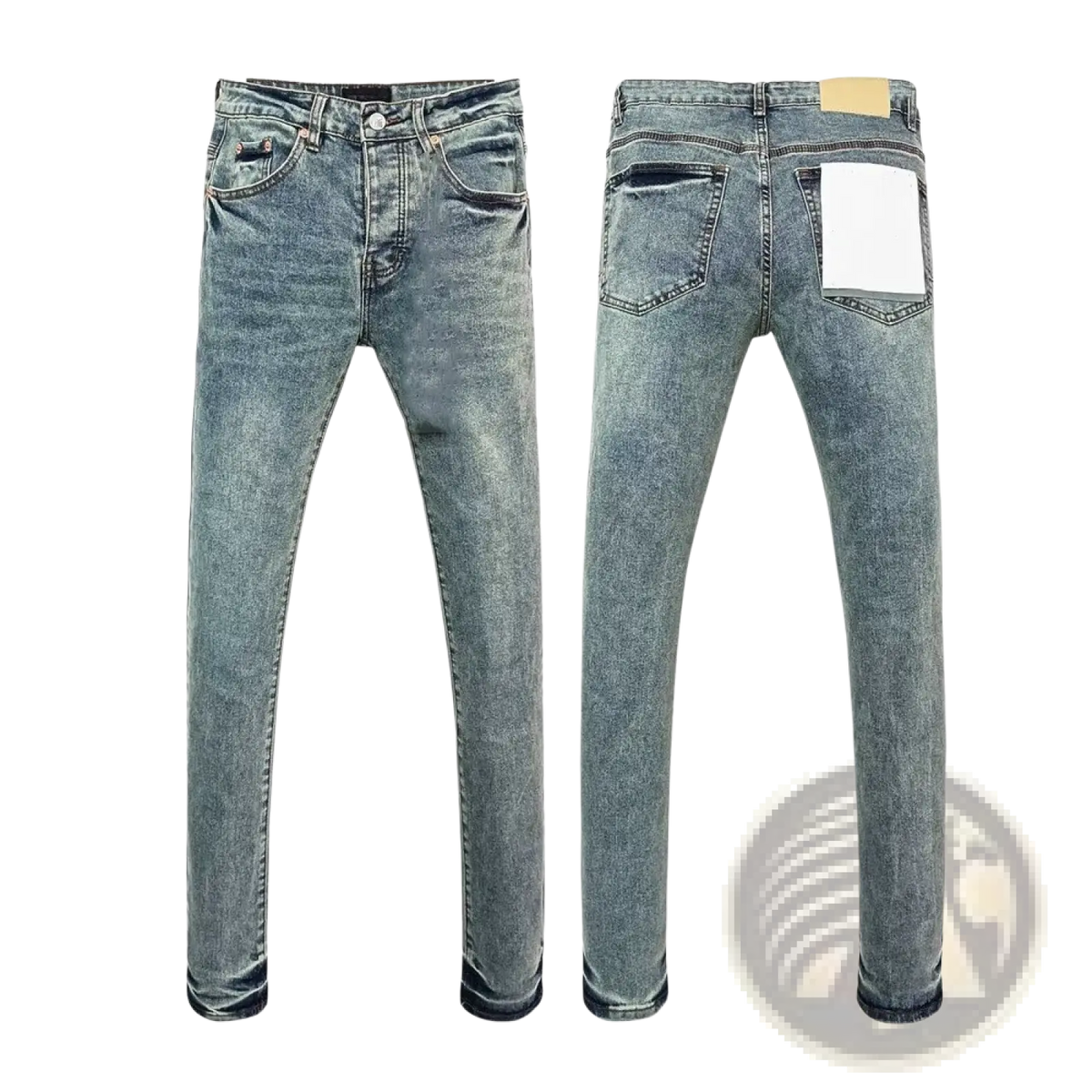 A pair of slim-fit men ripped skinny jeans in faded blue denim with distressed retro wash and five-pocket design