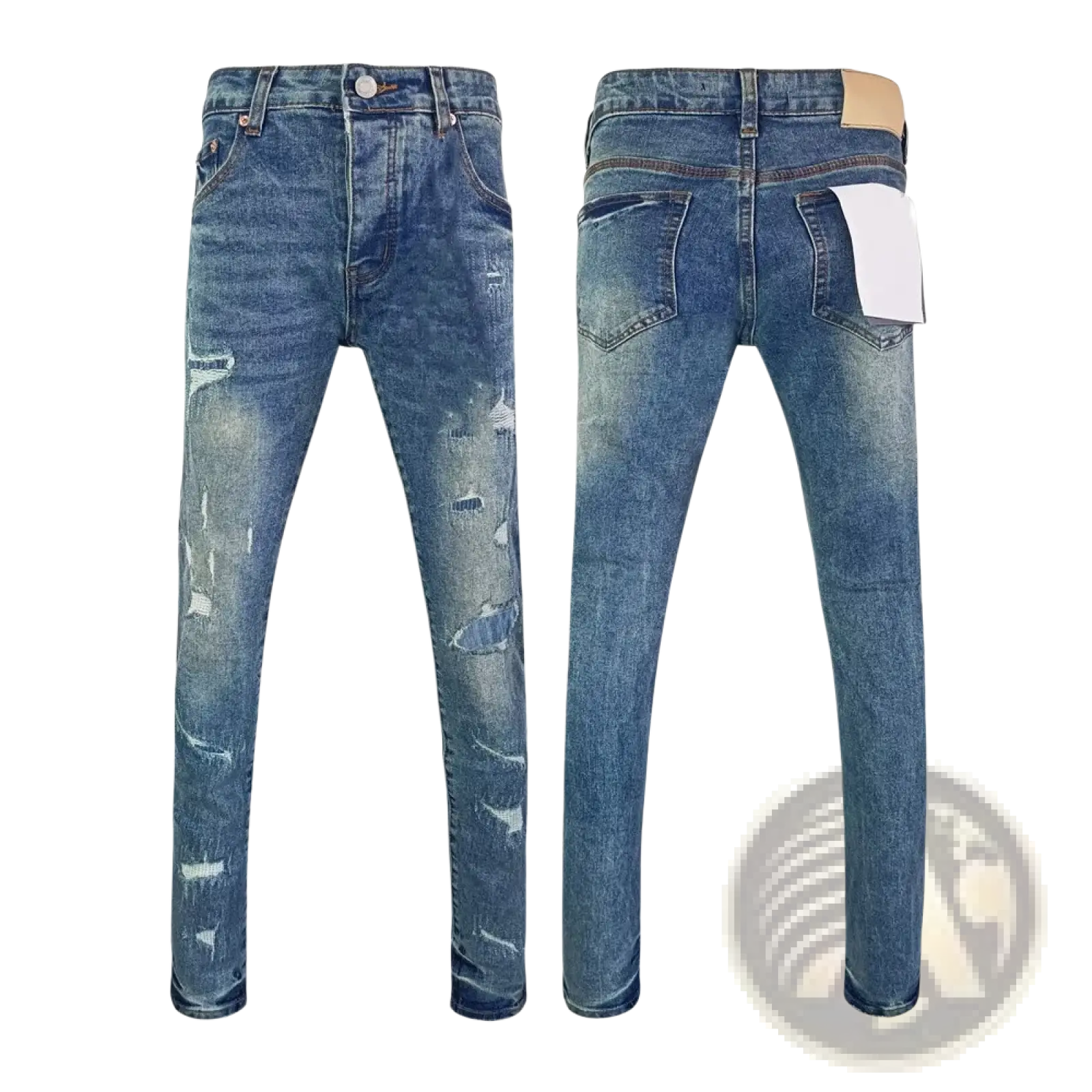 Men ripped skinny jeans in distressed retro wash blue denim with ripped details and slim fit design
