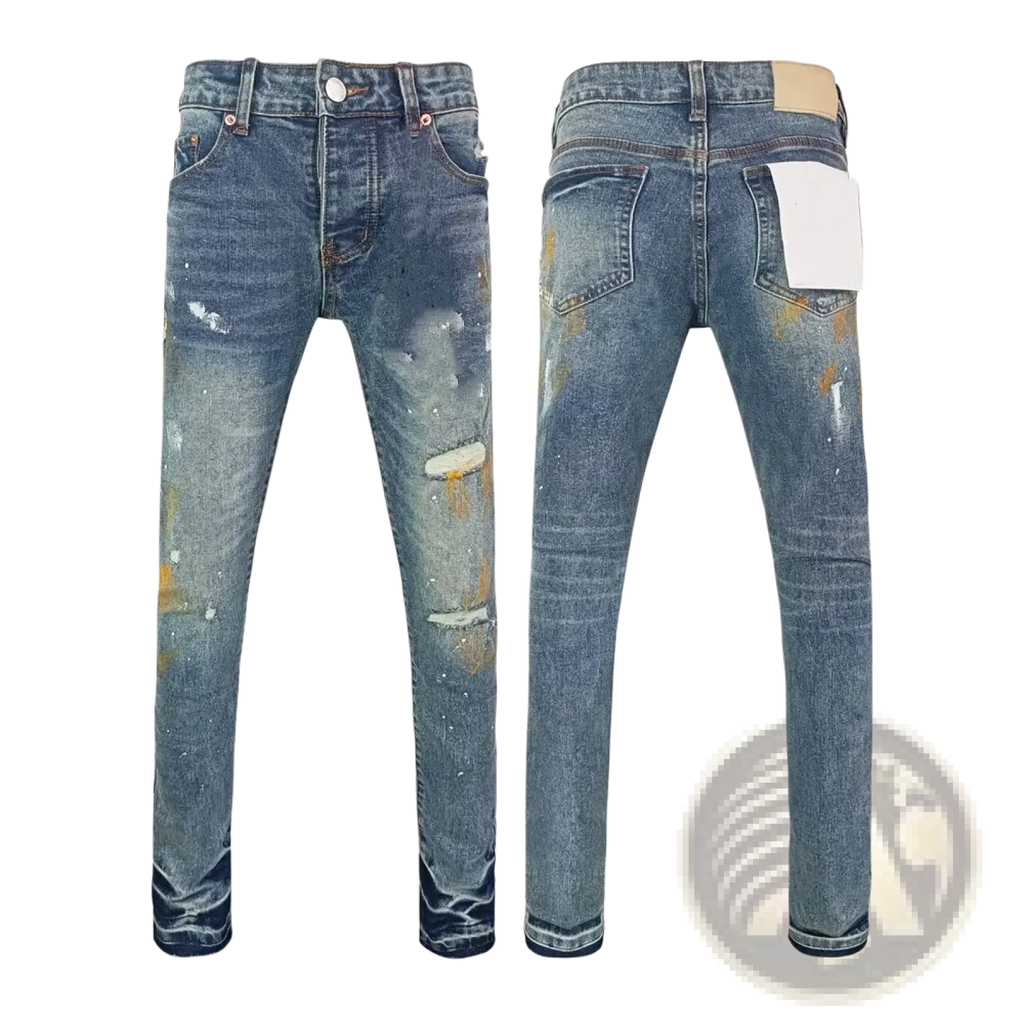 Men ripped skinny jeans in blue denim with distressed retro wash, paint splatters, and torn details