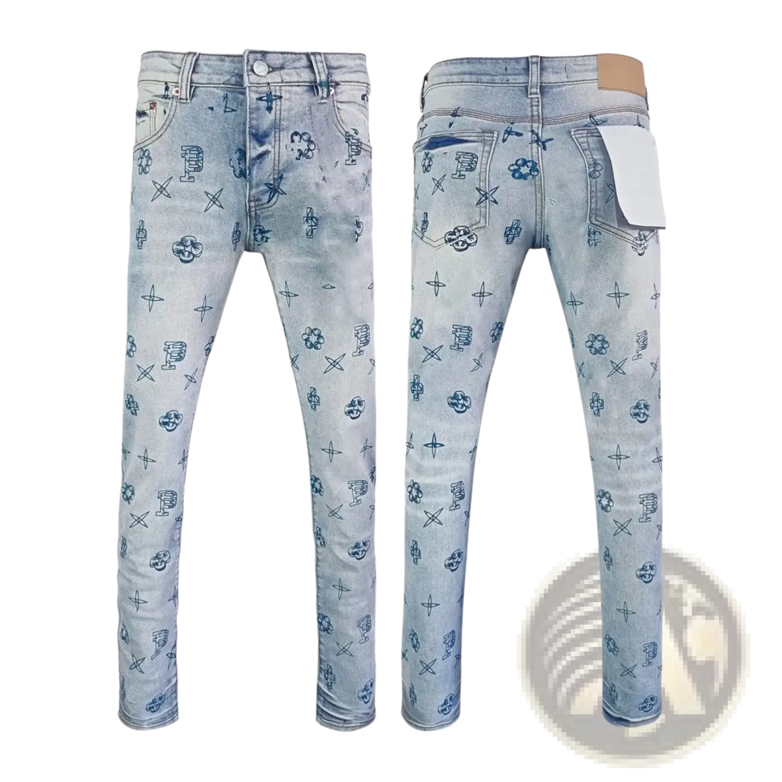 Men ripped skinny jeans in light-wash denim with blue embroidered logos in a distressed retro wash blue style