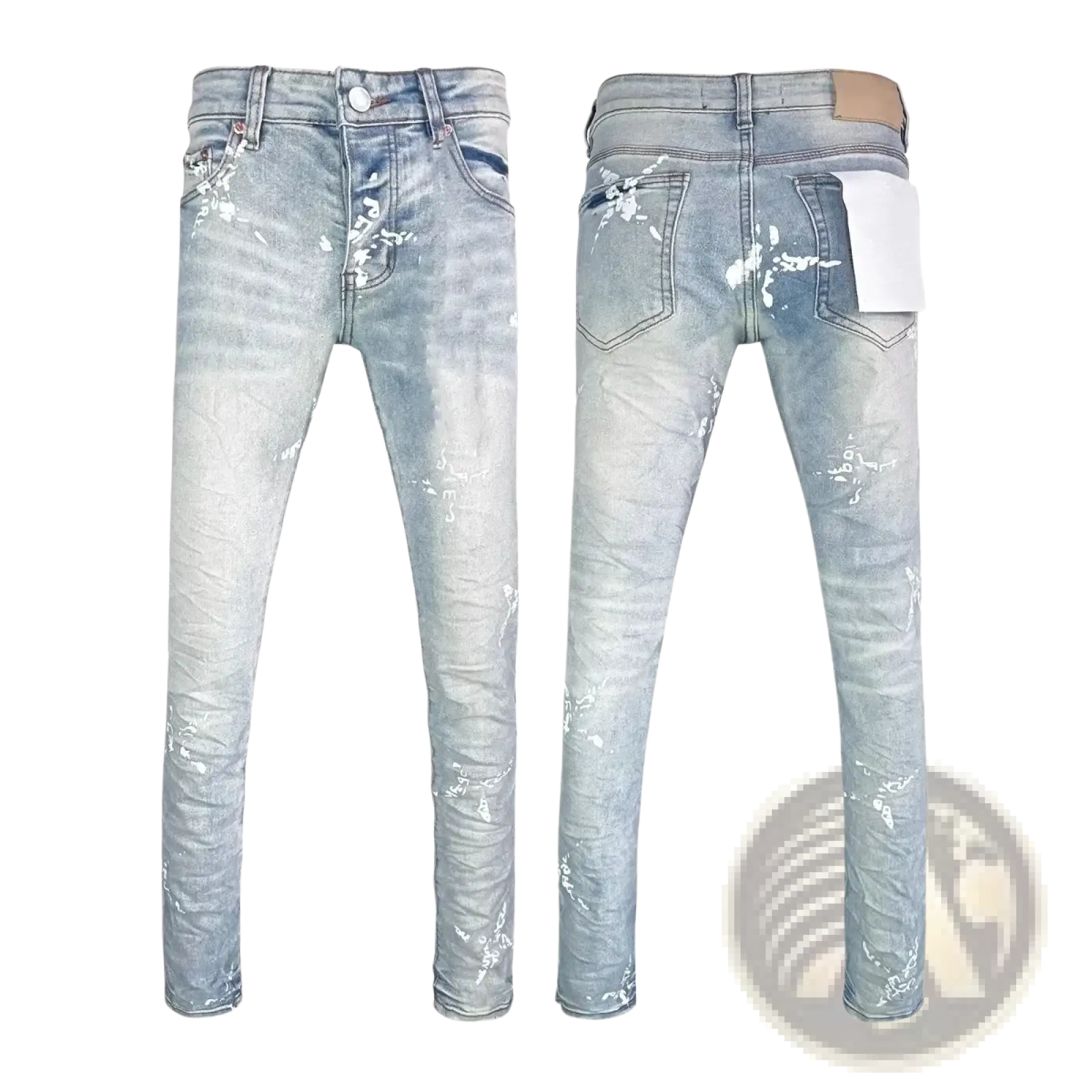 Men ripped skinny jeans in light-wash denim with a slim fit and white paint splatter distressed design