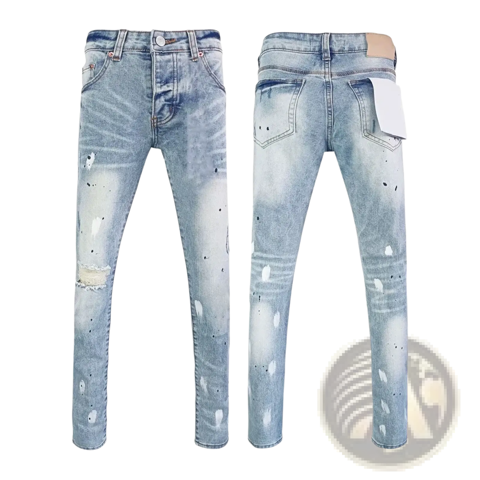 Men ripped skinny jeans in light-wash denim with distressed paint-splatter effects and a ripped knee detail