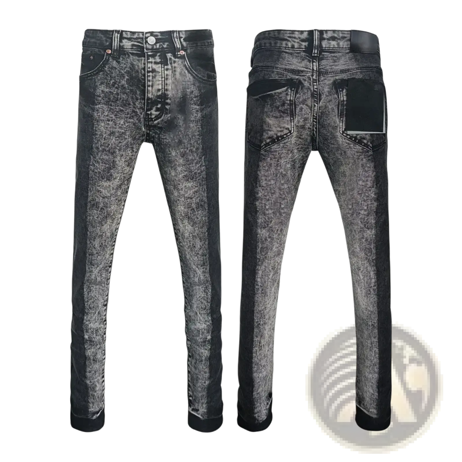 Black and gray distressed slim fit denim jeans with contrasting black back pocket panels retro wash blue style