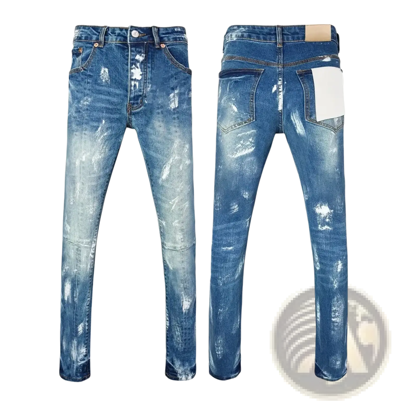 Men ripped skinny jeans in blue distressed denim with faded wash and white paint splatter design