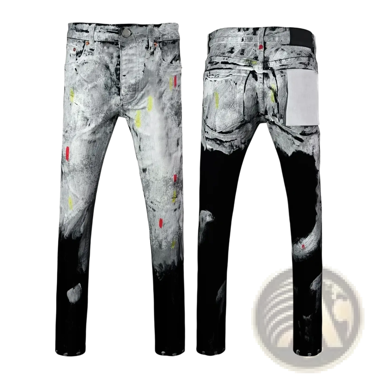Men ripped skinny jeans distressed retro wash blue with black and gray paint splatter and red and yellow accents