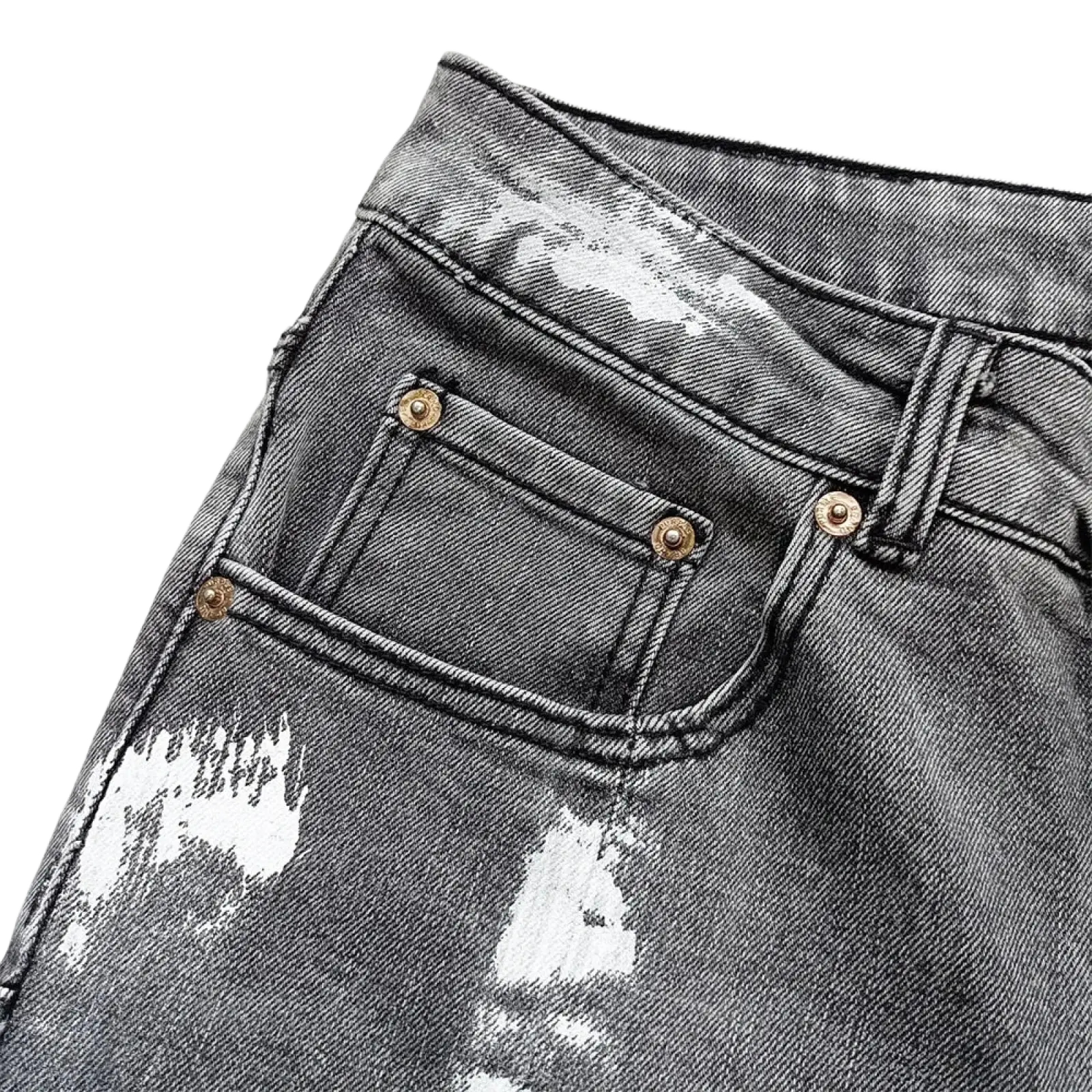 Men ripped skinny jeans distressed black denim with white paint splatter and gold-tone button fastenings