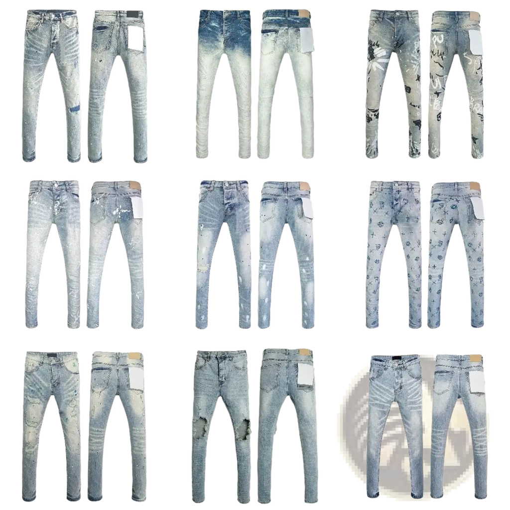 A collection of men ripped skinny jeans in light-wash denim featuring distressed, faded, and graphic designs