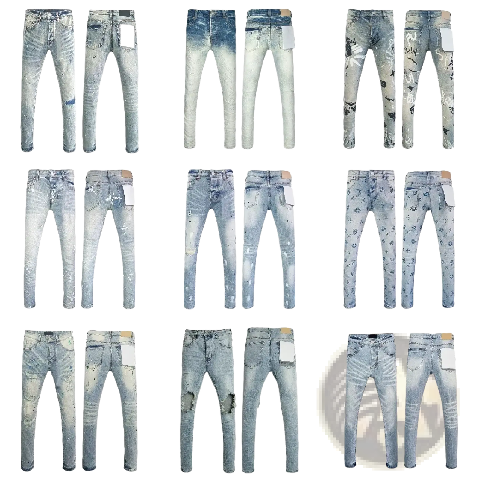 A collection of men ripped skinny jeans in light-wash denim featuring distressed, faded, and graphic designs