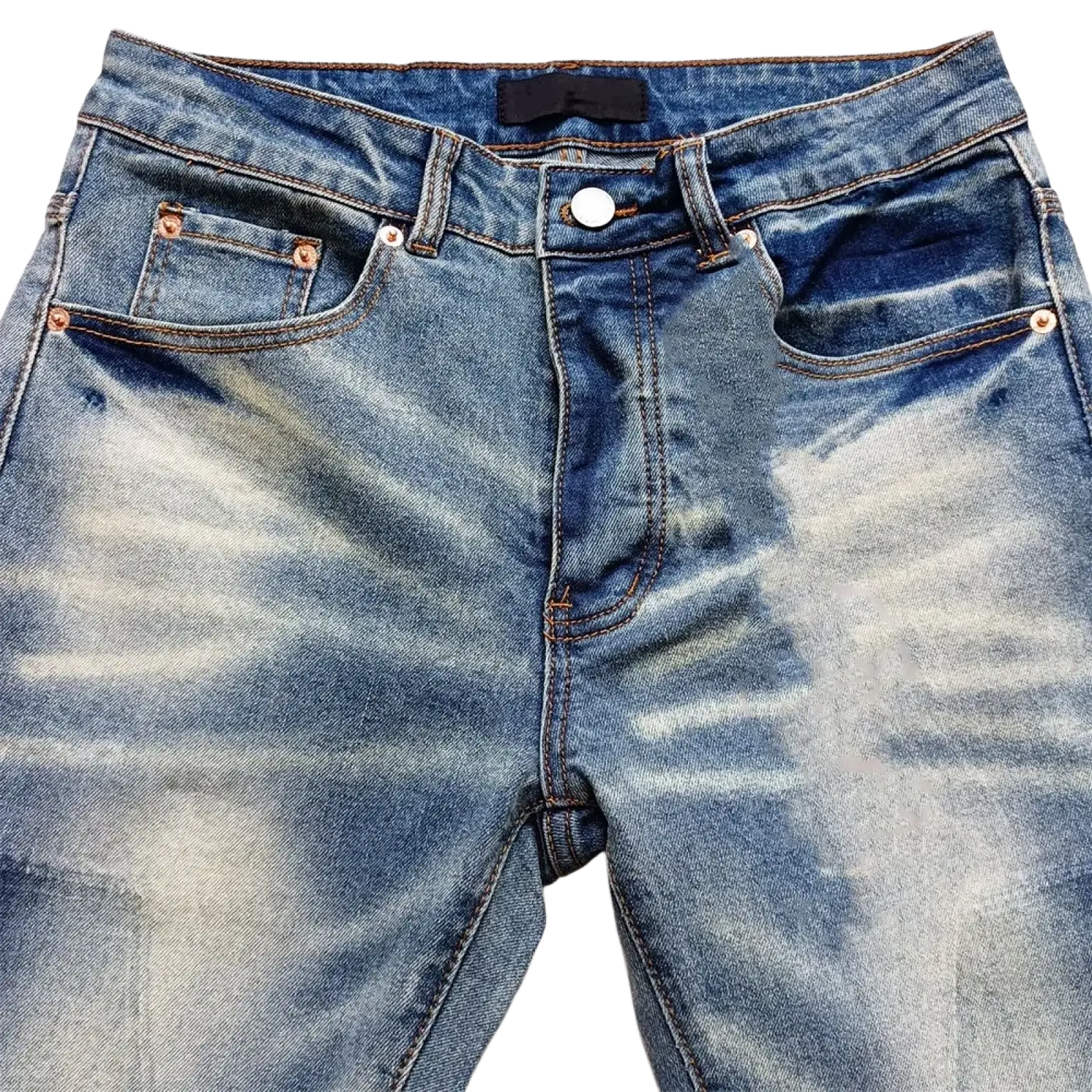 Men ripped skinny jeans in blue denim with faded distressed wash and copper-colored stitching front view