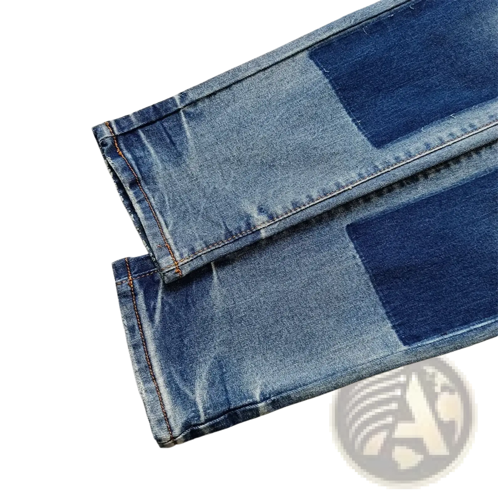 Men ripped skinny jeans in blue denim with distressed retro wash and darker blue patchwork fabric patches
