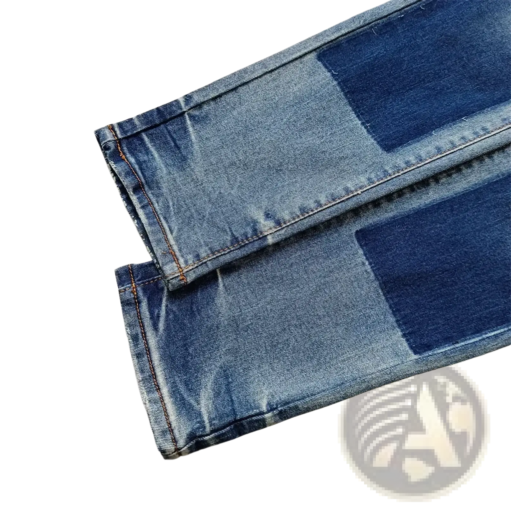 Men ripped skinny jeans in distressed retro wash blue featuring blue denim patchwork design with darker fabric patches