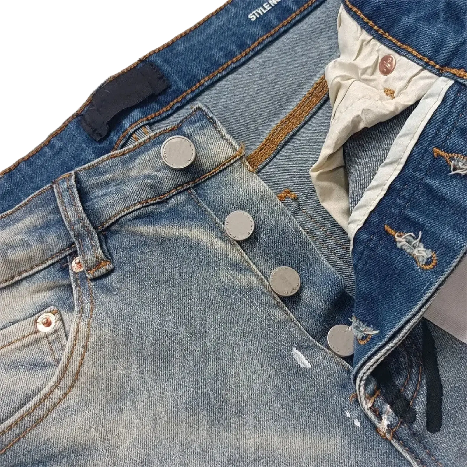 Blue denim men ripped skinny jeans with distressed details and silver-toned buttons in retro wash blue color