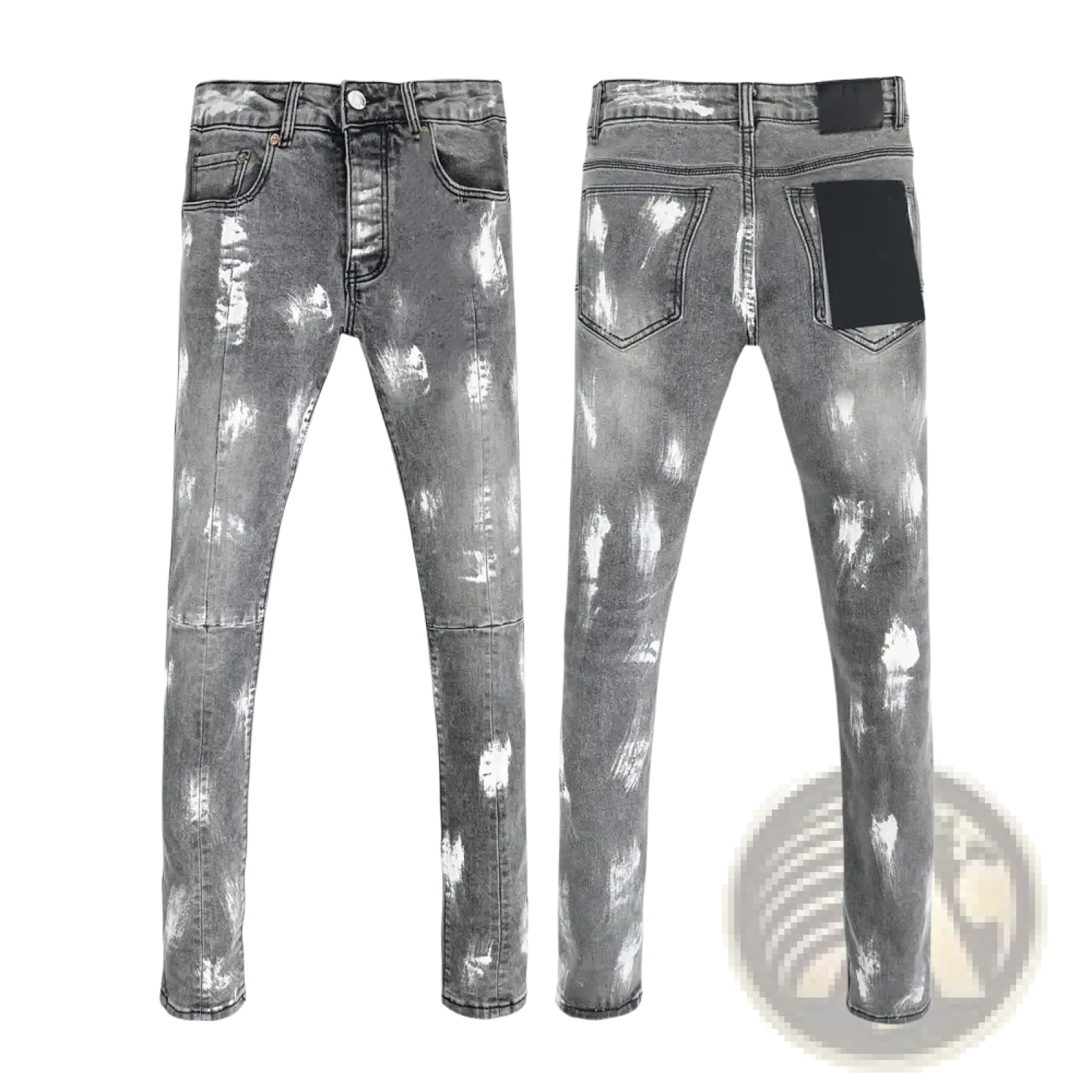 Back side of men ripped skinny jeans in distressed gray denim with faded paint splatter and black pocket patches