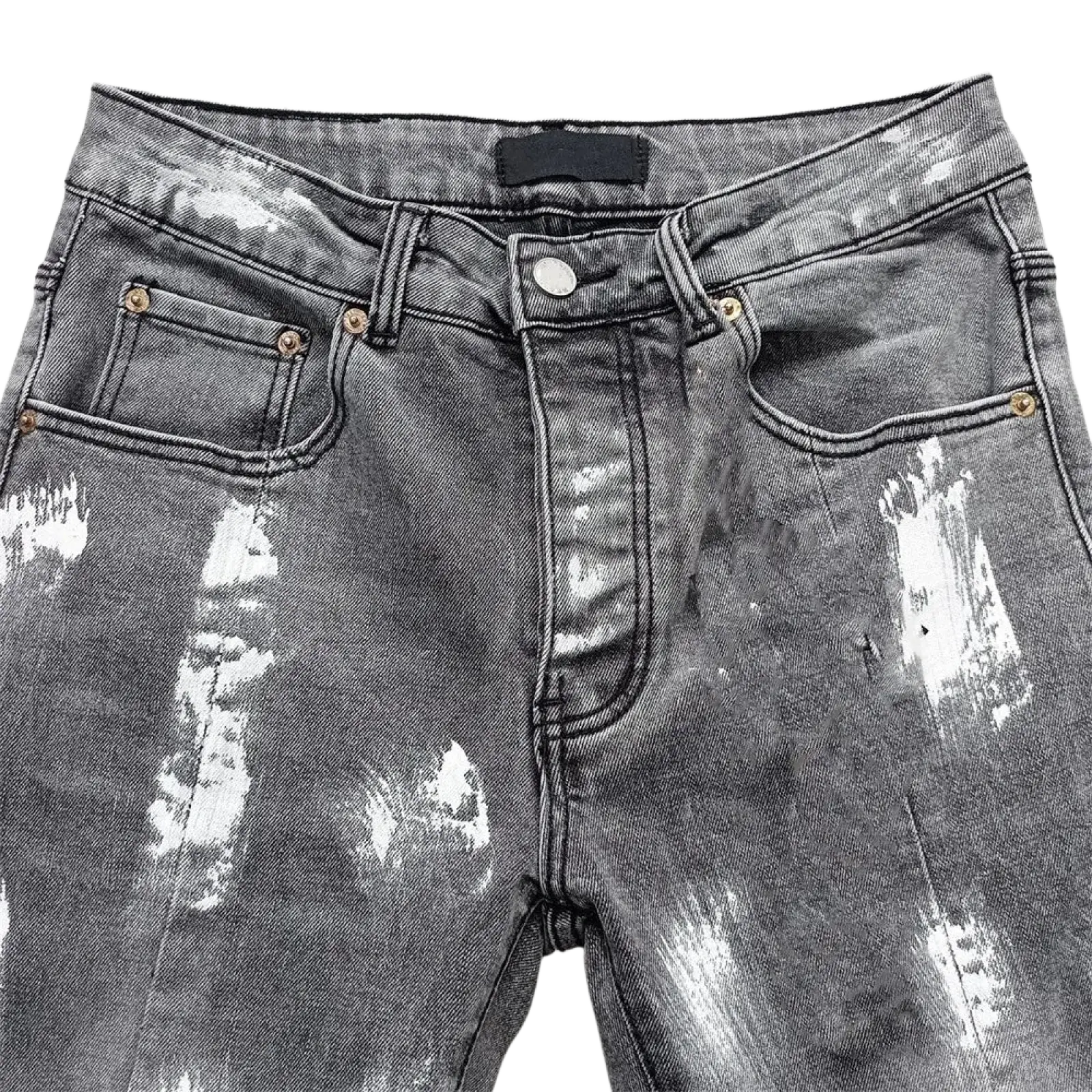 Men ripped skinny jeans in distressed gray denim with white paint splatter and gold-tone hardware details