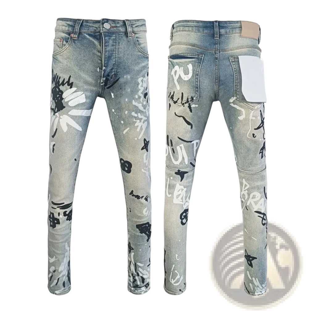 Men ripped skinny jeans in light-wash denim featuring graffiti-style black and white spray-painted graphics across legs