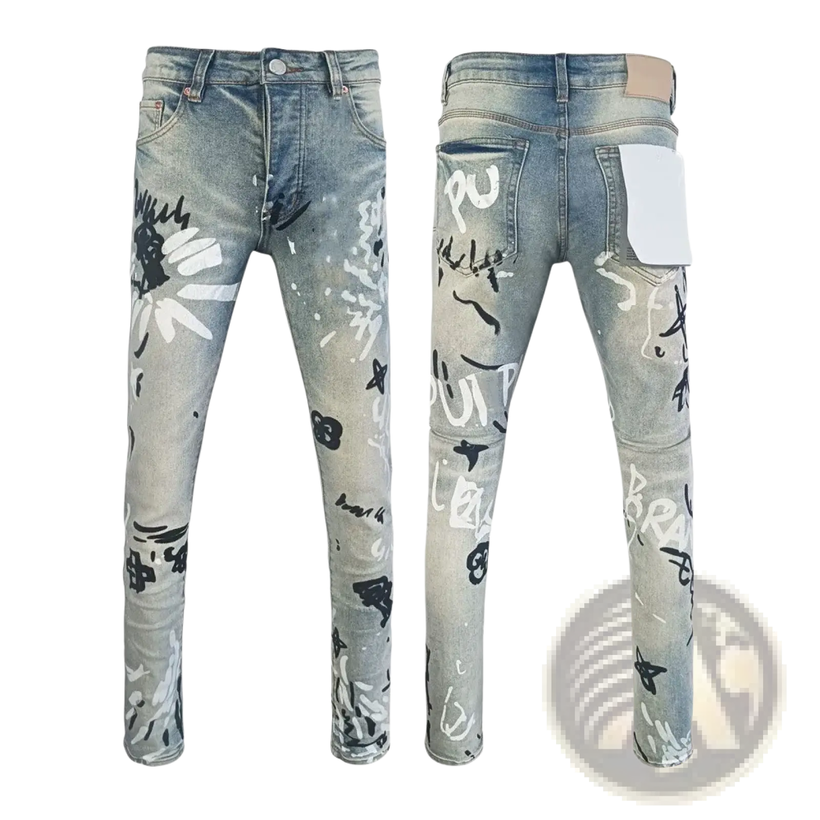 Men ripped skinny jeans in light-wash denim featuring graffiti-style black and white spray-painted graphics across legs