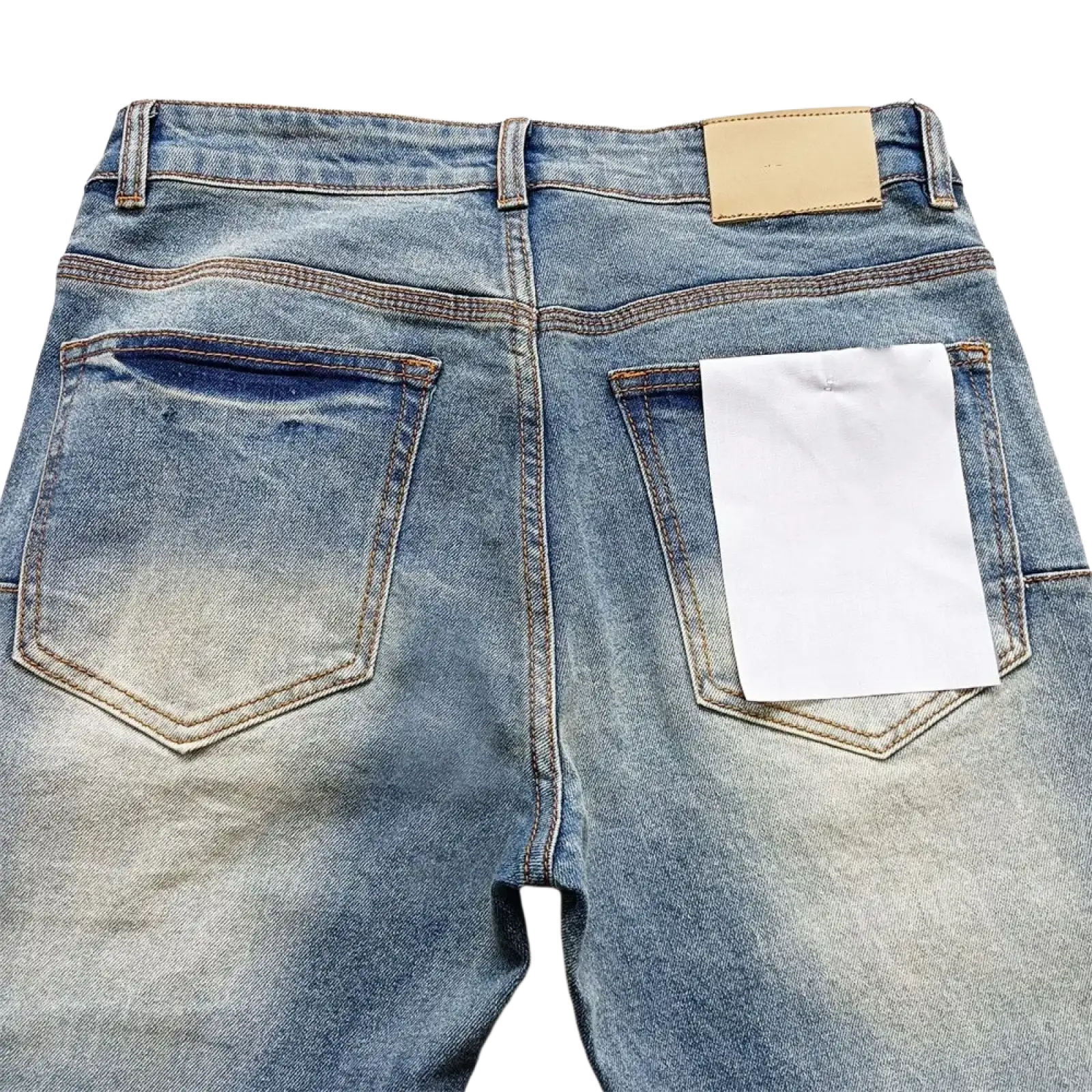 Men ripped skinny jeans distressed retro wash blue with light-wash denim, faded look, and contrasting brown stitching