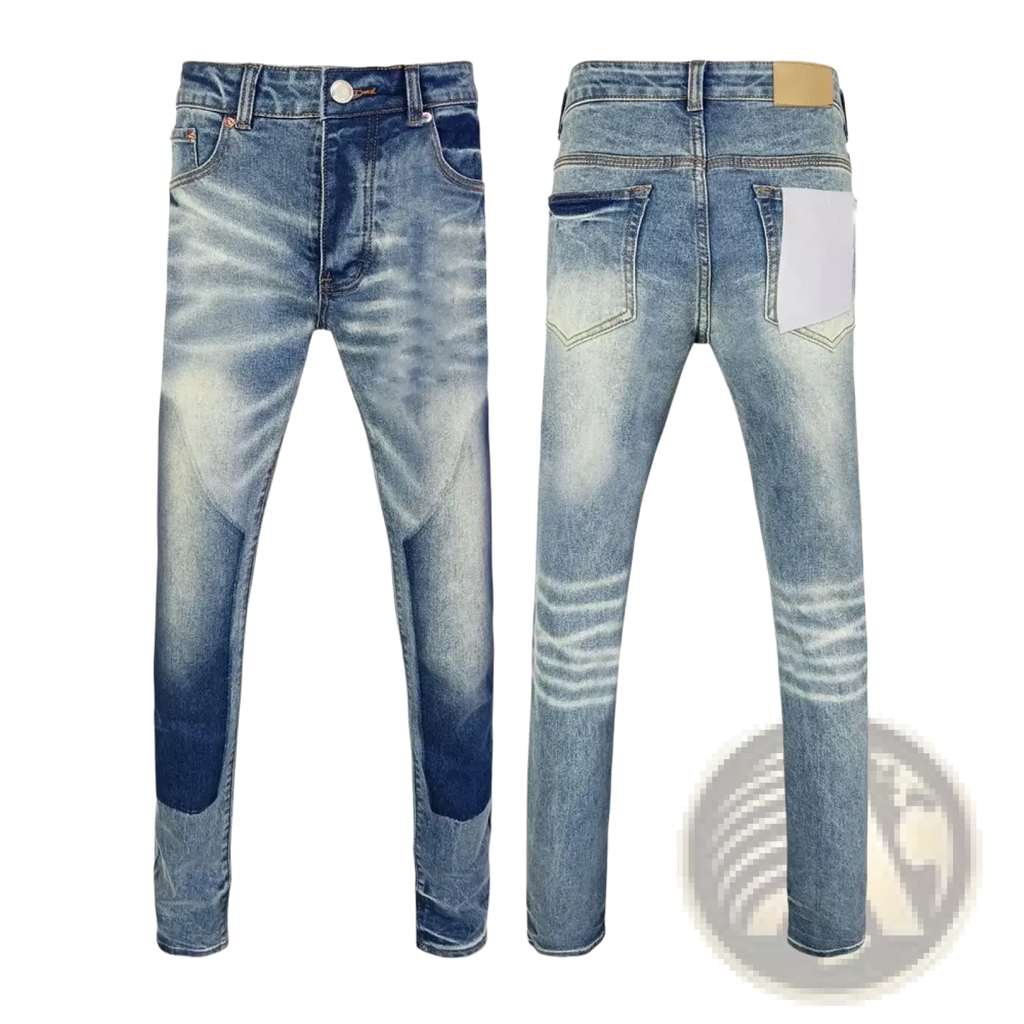 Men ripped skinny jeans in light-wash denim with slim fit, faded distressing, and subtle whiskering for a retro look