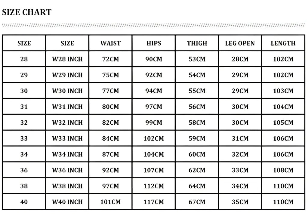 Size chart for men ripped skinny jeans distressed retro wash blue showing measurements in centimeters and inches from 28 to 40