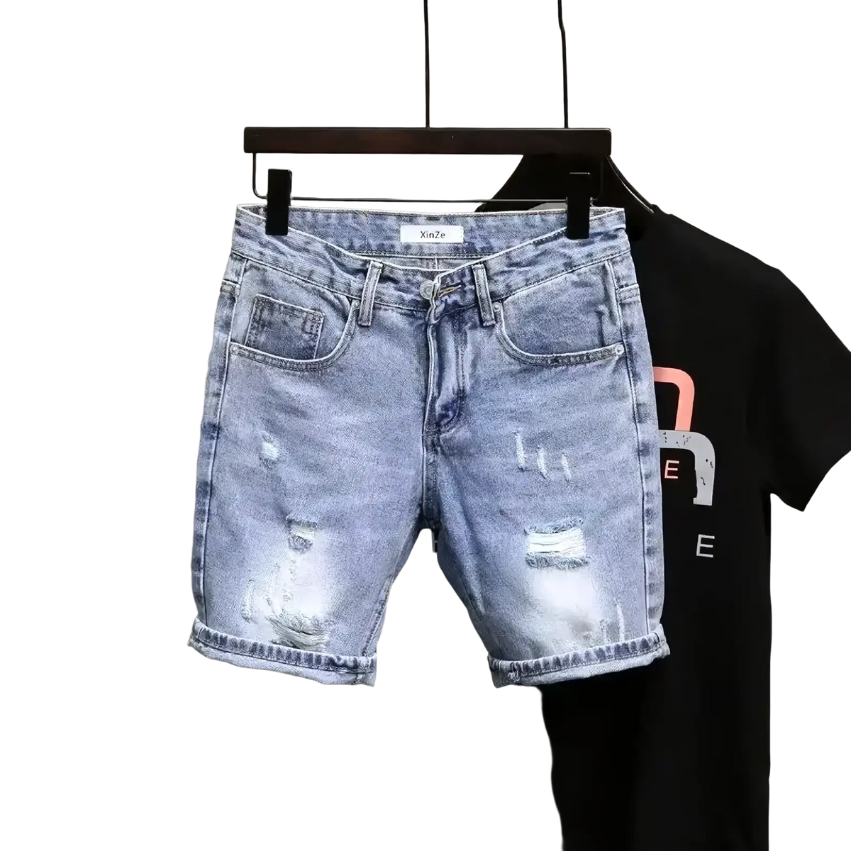 Men ripped slim fit denim shorts in light-wash with distressed ripped details and rolled cuffs made of denim material