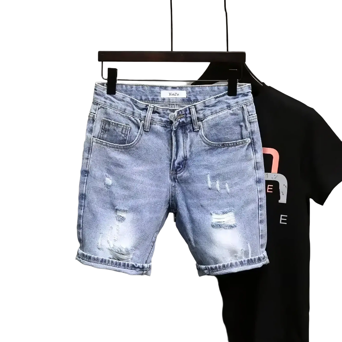 Men ripped slim fit denim shorts in light-wash denim with distressed ripped details and rolled cuffs
