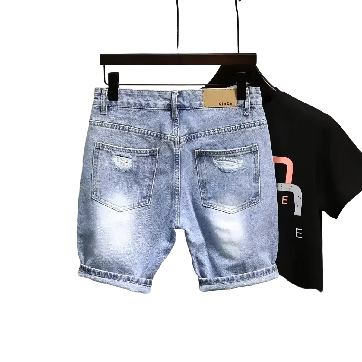 Men ripped slim fit denim shorts in light wash with distressed pockets and rolled cuffs for casual wear