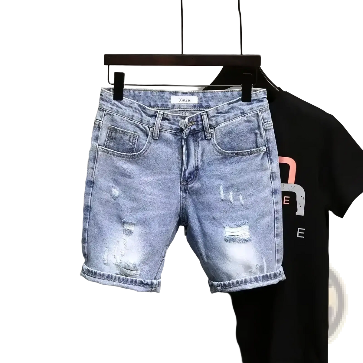 Men ripped slim fit light-wash denim shorts with distressed details and rolled cuffs made of cotton material