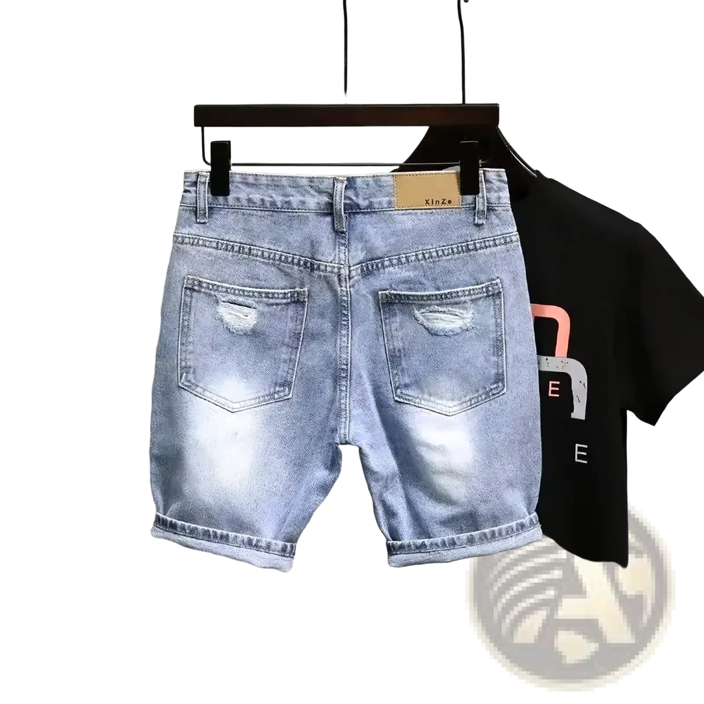 Men ripped slim fit denim shorts in light wash with distressed pockets and rolled cuffs for casual wear