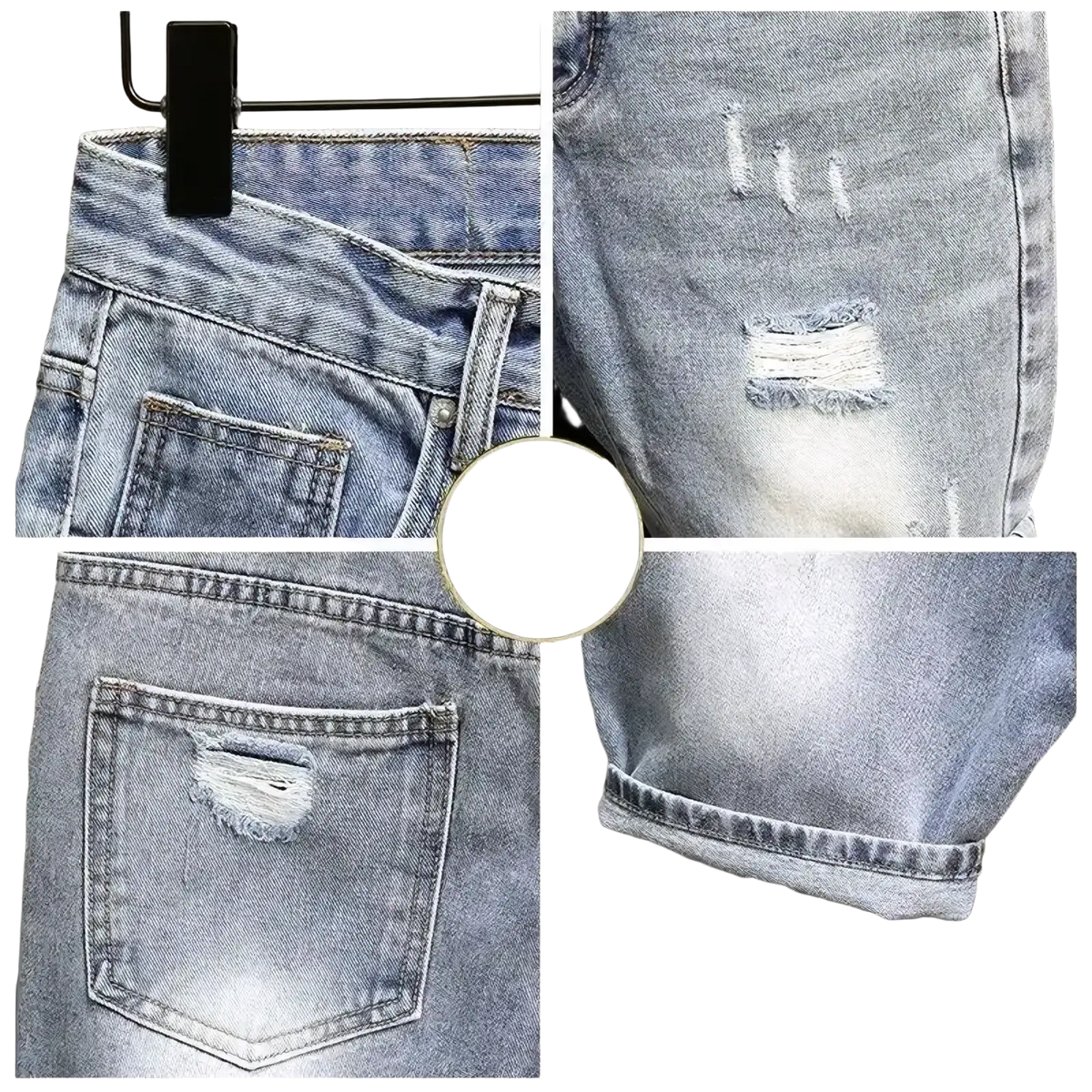 Men ripped slim fit denim shorts in light wash with distressed frayed holes and rolled cuffs made of denim material