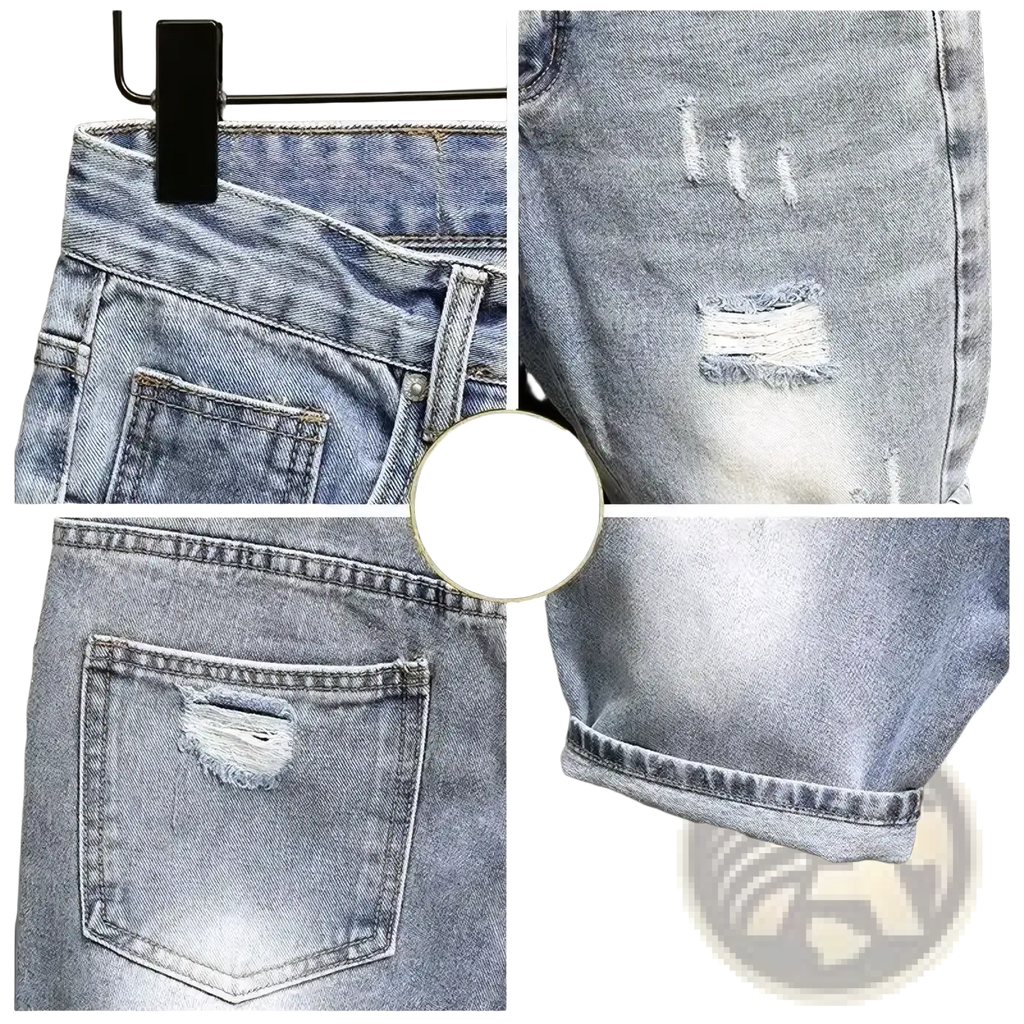Men ripped slim fit denim shorts in light wash with distressed frayed holes and rolled cuffs made of denim material