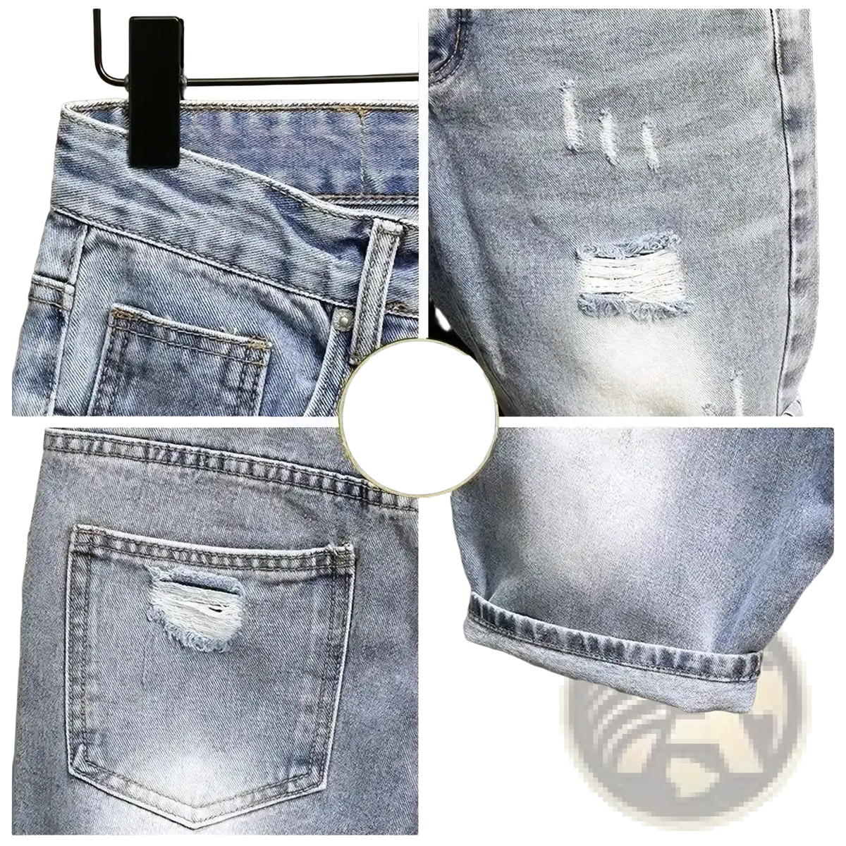 Men ripped slim fit denim shorts in light wash with distressed frayed holes and rolled cuffs made of denim material
