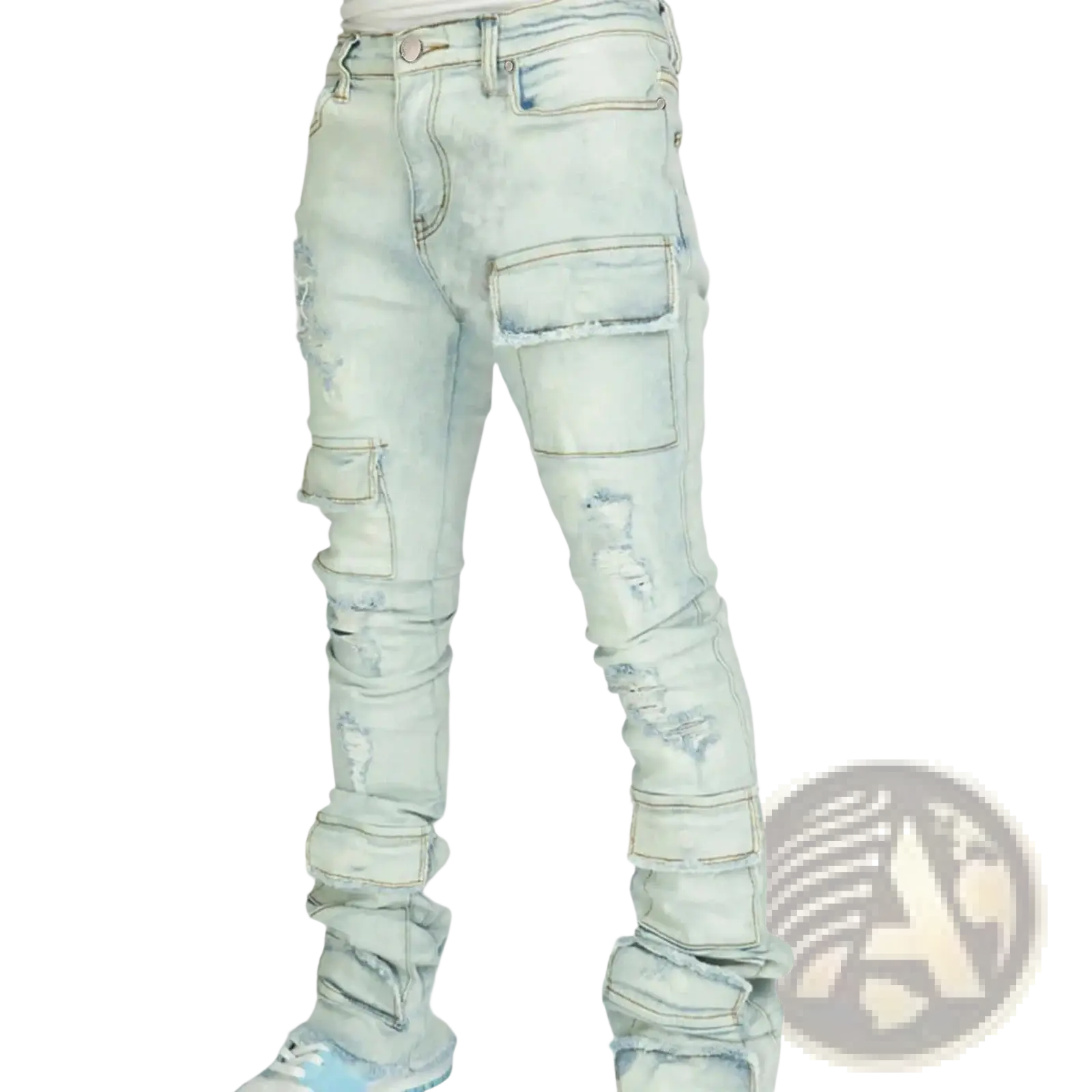 Light-wash denim men ripped stacked jeans slim fit with distressed details and multiple cargo pockets for streetwear