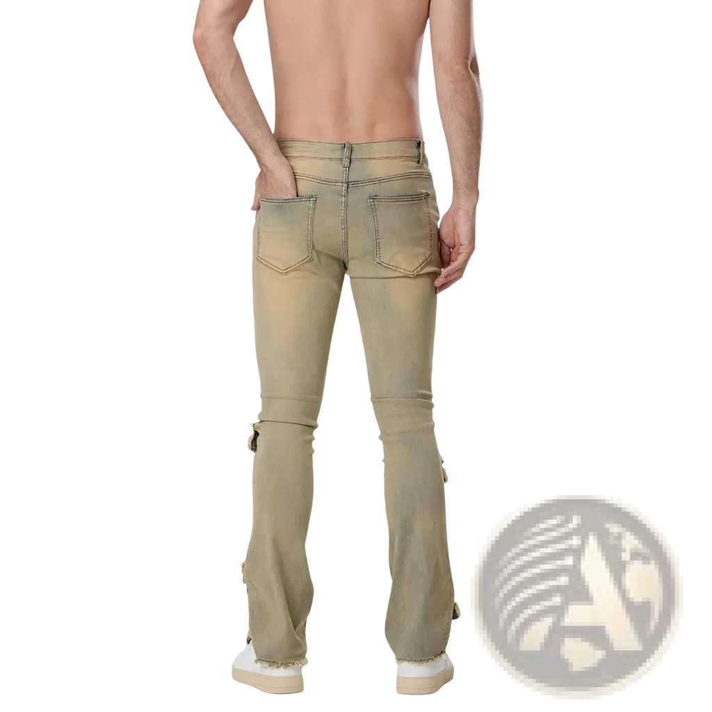 Beige distressed denim slim fit men ripped stacked jeans with flared leg cut and frayed hems for streetwear