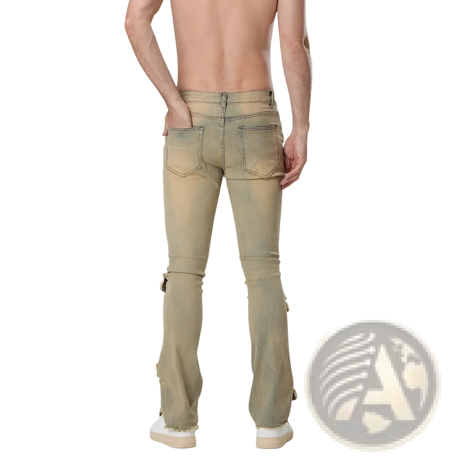 Beige distressed denim slim fit men ripped stacked jeans with flared leg cut and frayed hems for streetwear