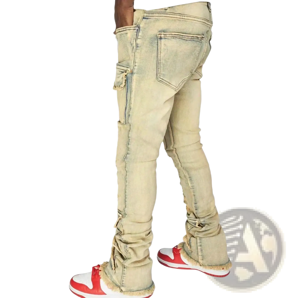 Men ripped stacked slim fit streetwear jeans in beige distressed denim with frayed cuffs and cargo side pockets