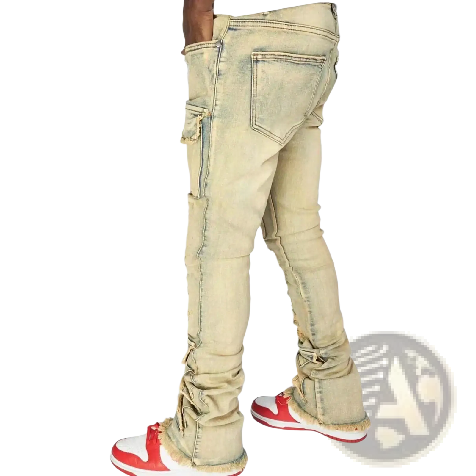 Men ripped stacked slim fit streetwear jeans in beige distressed denim with frayed cuffs and cargo side pockets