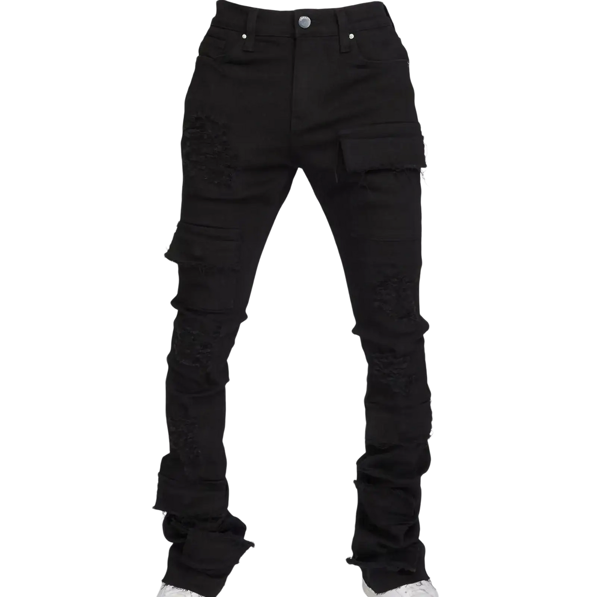 Men ripped stacked jeans slim fit black distressed denim with ripped details and cargo pockets for streetwear use