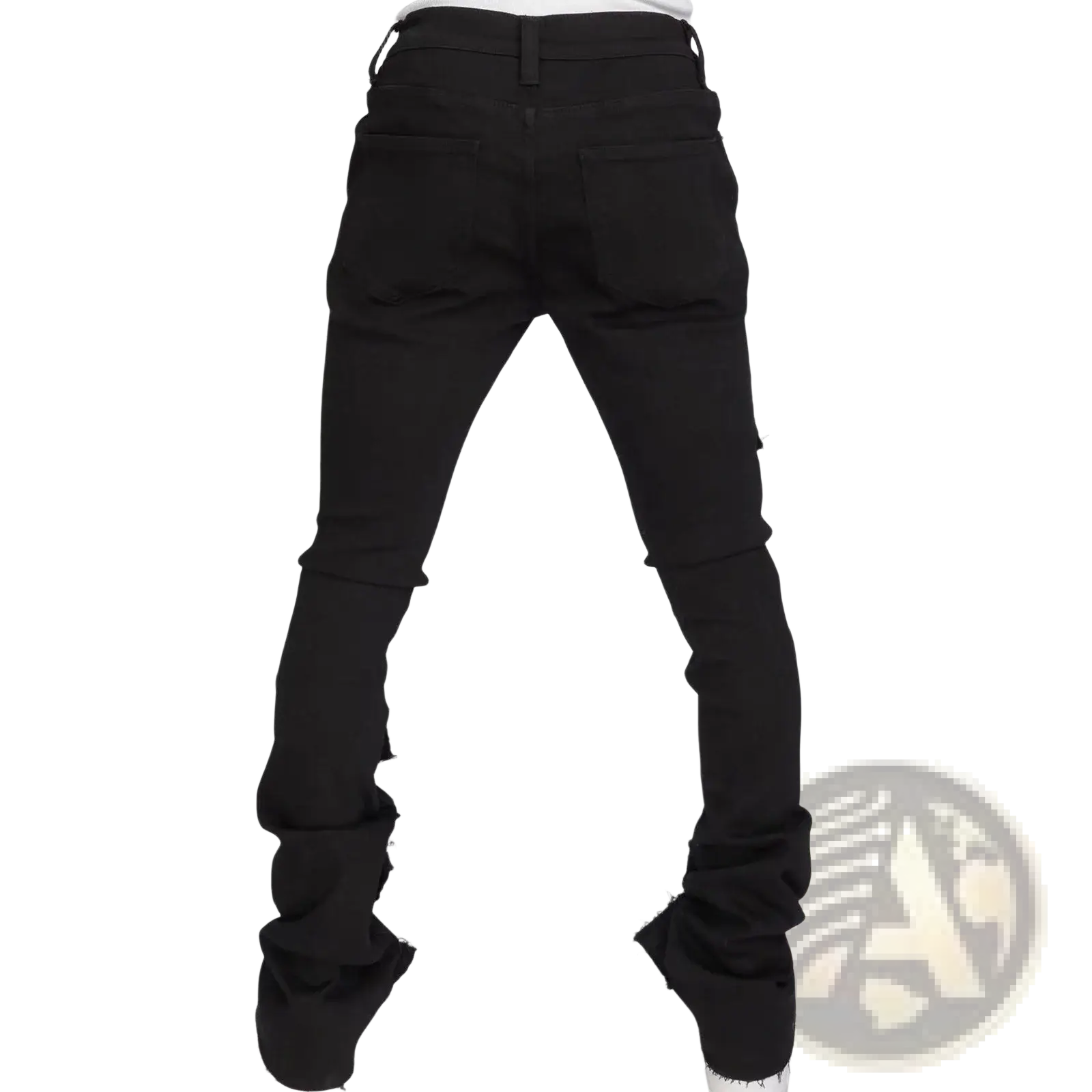 Men ripped stacked jeans slim fit streetwear black distressed denim with frayed cuffs and slim fit silhouette