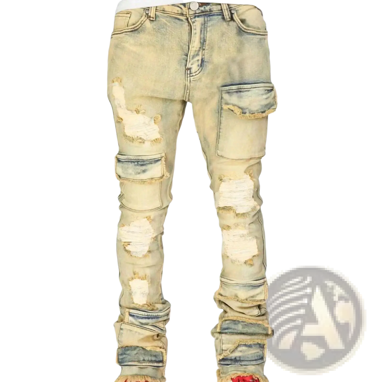 Men ripped stacked slim fit streetwear beige distressed denim jeans with ripped patches and reinforced cargo pockets
