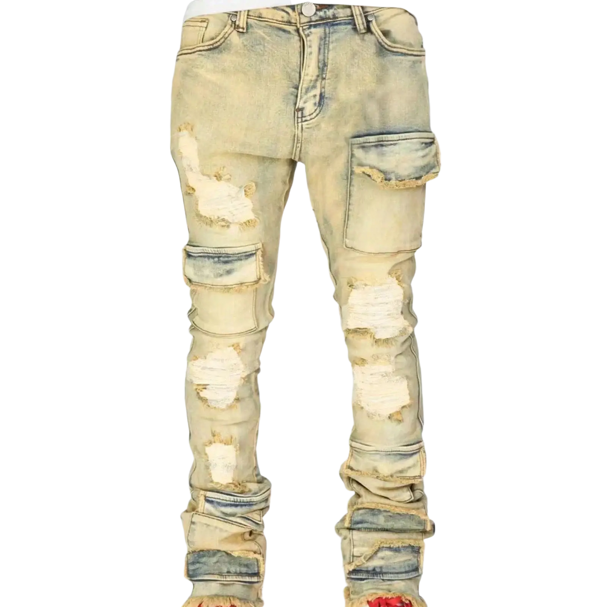 Men ripped stacked slim fit streetwear beige distressed denim jeans with ripped patches and reinforced cargo pockets
