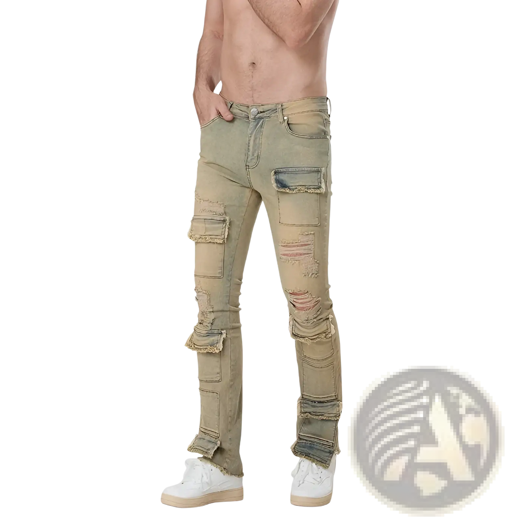 Men ripped stacked jeans slim fit streetwear in distressed beige denim with ripped and patched details